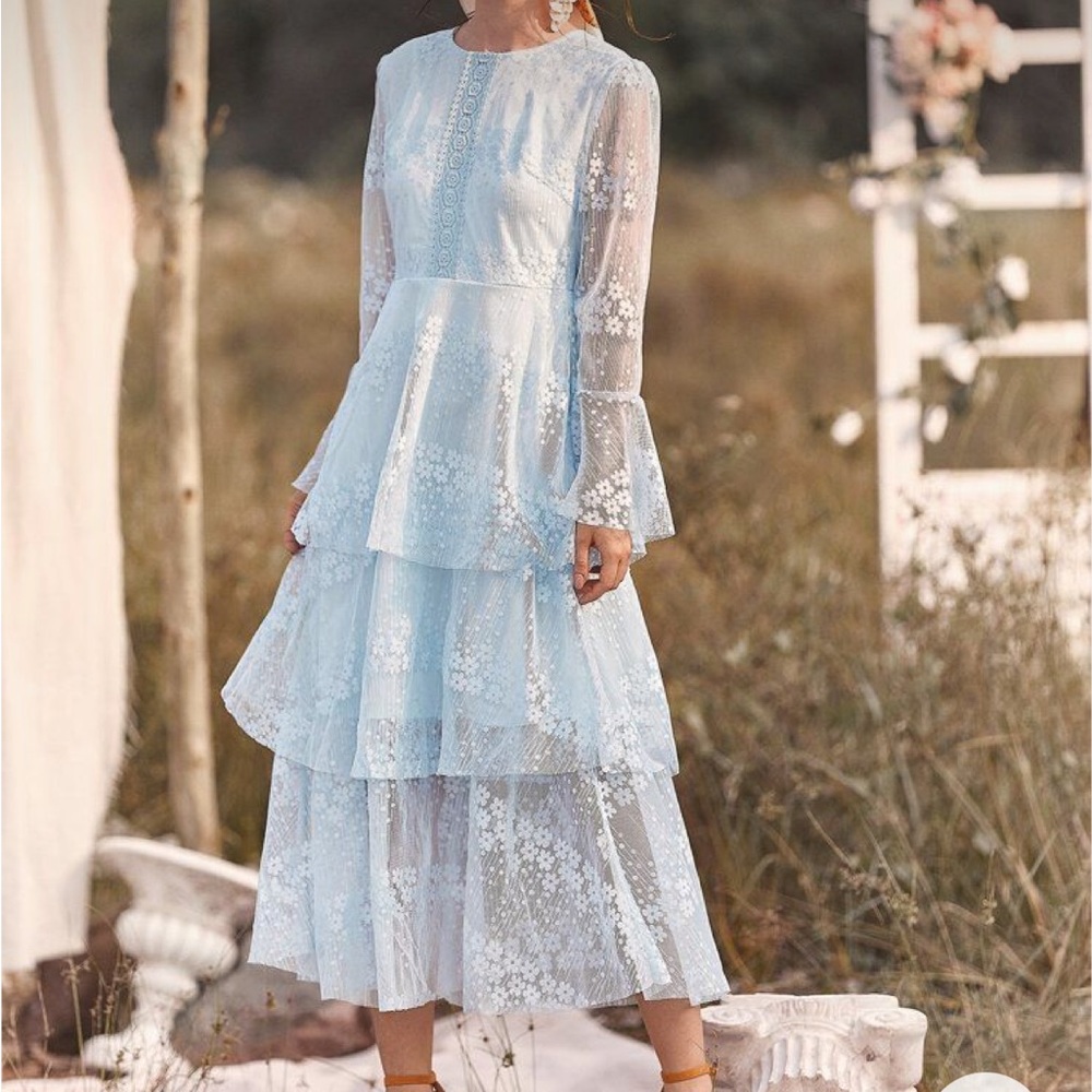 Shein Blue Lace Flounce Sleeve Tiered Dress Size XS
